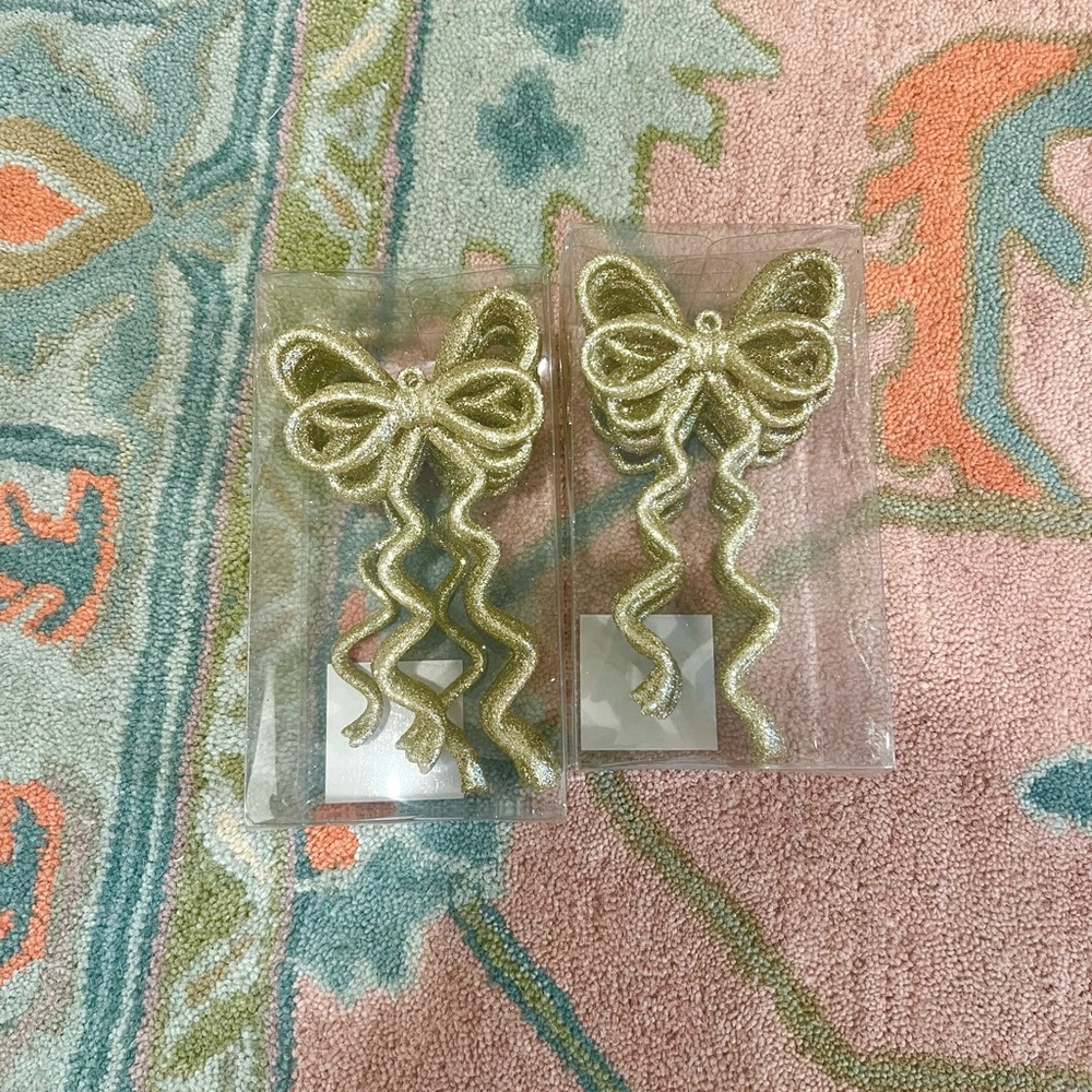 Gold Glitter Bow Ornaments with Curly Tails - Set of 2